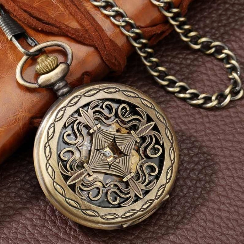 Steampunk pocket watch with bronze hollow carved case and exposed mechanical gears on leather background