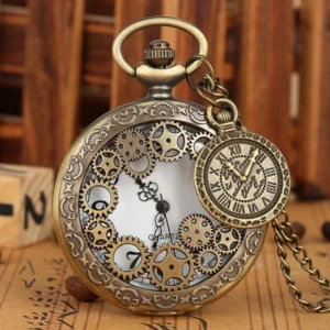 Steampunk hollow pocket watch with bronze tone carved floral borders and exposed gear dial, front close-up view featuring miniature pocket watch charm and included metal chain
