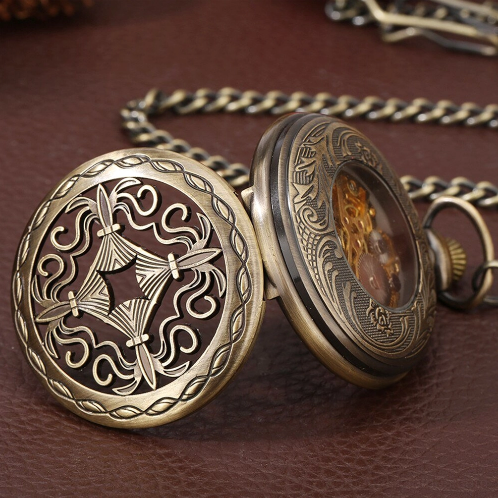 Double-sided carved bronze steampunk pocket watch with transparent movement window and pocket chain