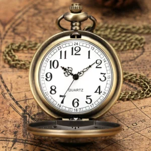 Steampunk pocket watch face with quartz movement, white acrylic dial, Arabic numerals, bronze metal case displayed on vintage map