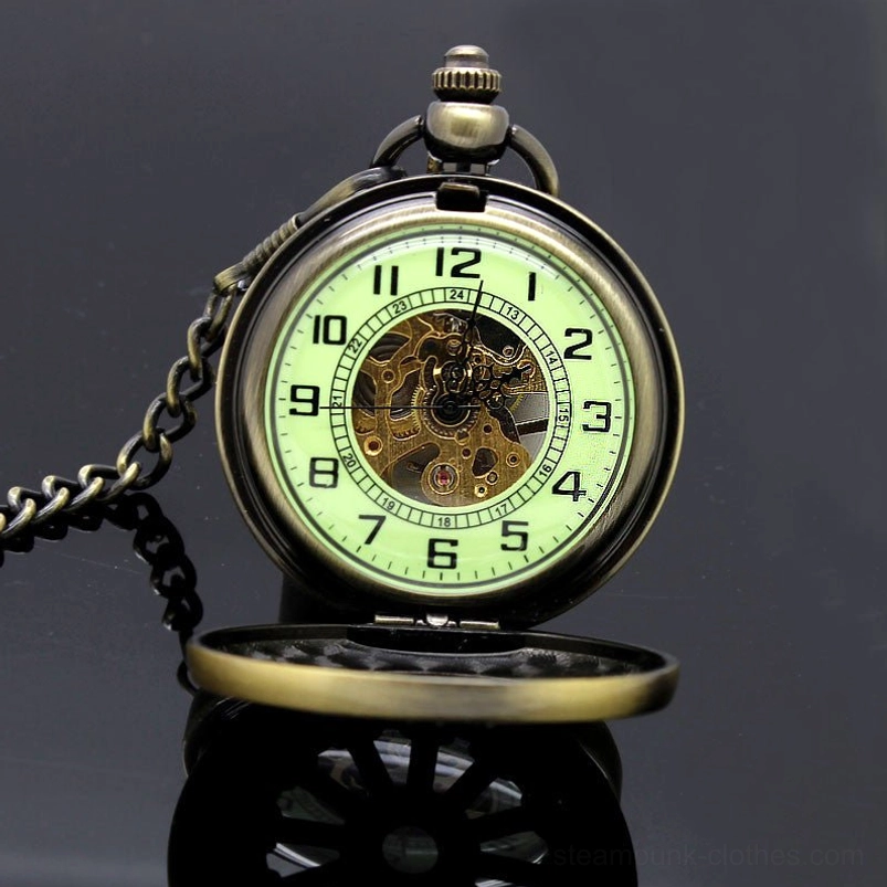 Flip-cover steampunk pocket watch displaying luminous green numerals and exposed mechanical gears in dark studio