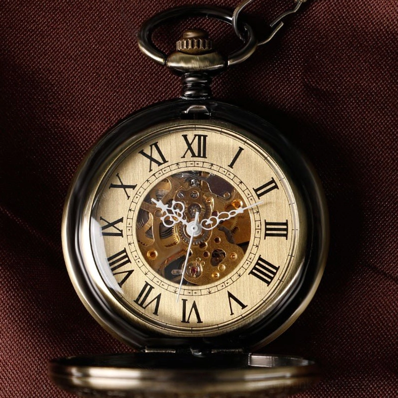 Steampunk skeleton pocket watch with flip cover open, showing gold dial and visible self-winding movement mechanism