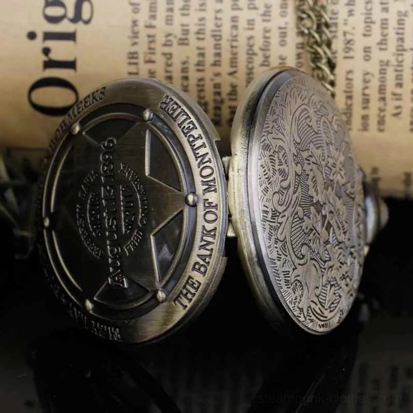 Engraved steampunk pocket watch with floral carved pattern on inner flip cover and embossed commemorative text detail