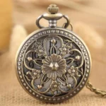 Bronze hollowed steampunk pocket watch with intricate floral carving and beaded frame, front close-up view showcasing Victorian-era design details