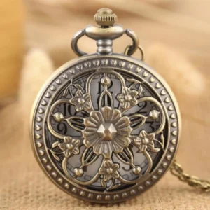 Bronze hollowed steampunk pocket watch with intricate floral carving and beaded frame, front close-up view showcasing Victorian-era design details
