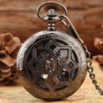 Steampunk pocket watch front view showing geometric floral hollow carved cover with exposed skeleton movement on vintage map background
