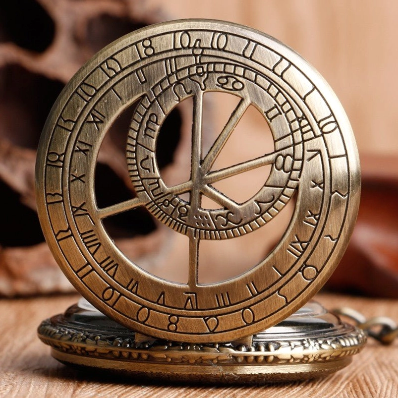 Steampunk pocket watch hollowed dial cover displaying transparent astrolabe structure with mixed Roman and Arabic numerals on bronze tone case