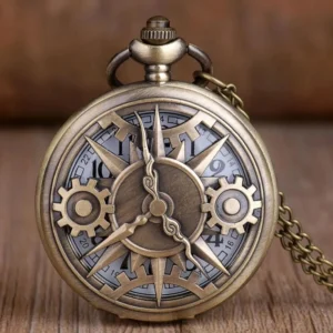 Steampunk pocket watch front view featuring hollowed gear dial with compass design, bronze-tone stainless steel case, and visible mechanical elements on wooden desktop background