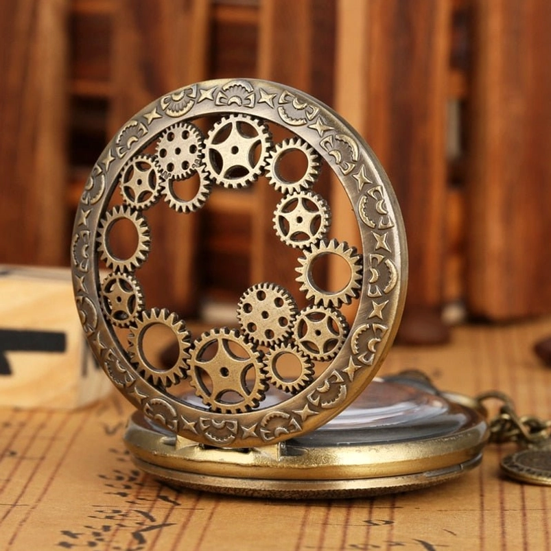 Hollow gear steampunk pocket watch ornament front side close-up displaying bronze tone full gear hollow frame, mechanical details and vintage aesthetic