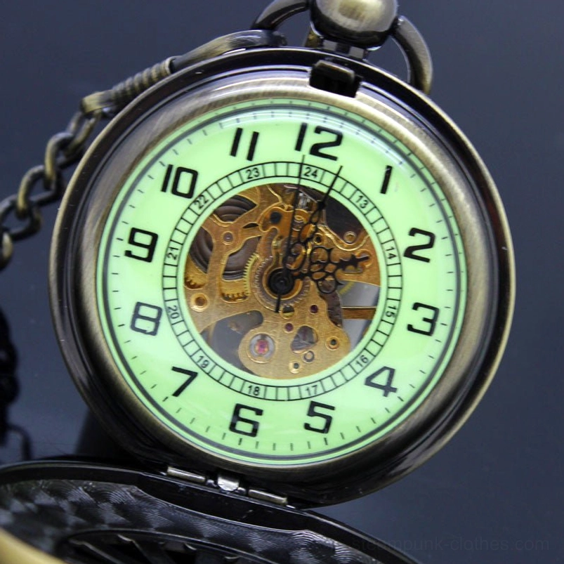 Steampunk pocket watch front view with full luminous green dial and exposed gear movement, flip cover displayed below