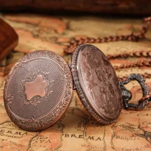 Opened steampunk pocket watch revealing double-sided carved patterns and checkered inner cover, displayed on vintage map with metal chain, flat lay side view showing intricate mechanical design