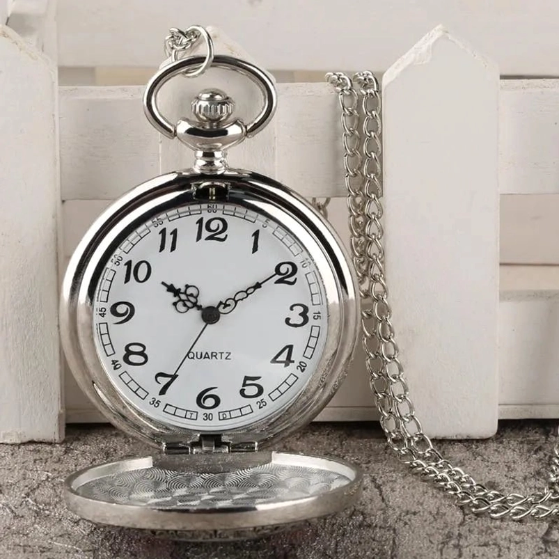 Open steampunk pocket watch showing Arabic numeral dial and hinged case - precision quartz movement with polished metal