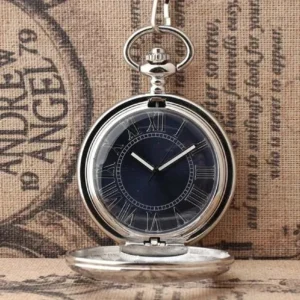 Open-front steampunk pocket watch displaying flip cover mechanism and exposed blue Roman numeral dial