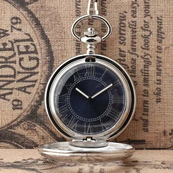 Open-front steampunk pocket watch displaying flip cover mechanism and exposed blue Roman numeral dial