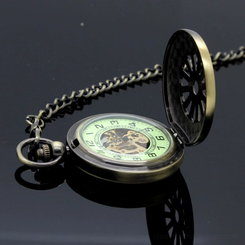 Opened steampunk pocket watch showing wheel skeleton dial, flip cover, and bronze curb chain from side view