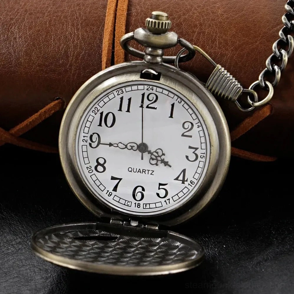 Open quartz steampunk pocket watch displaying white dial with Arabic numerals, hinged bronze case mechanism, checkered inner cover detail, and precise timekeeping functionality