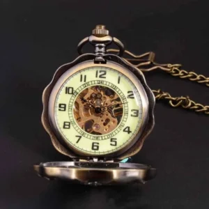 Open steampunk pocket watch dial display with luminous Arabic numerals and visible brass skeleton gears, front case open showing internal mechanism