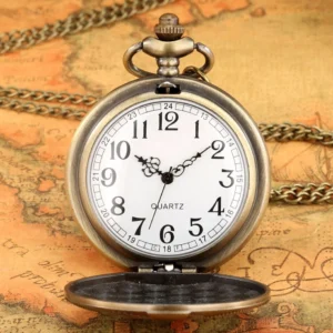 Open-face steampunk pocket watch showing white dial with black numerals and bronze quartz movement mechanism