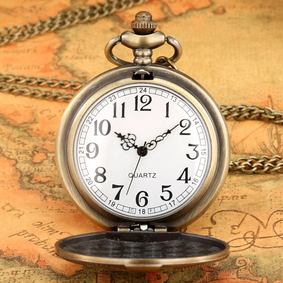 Open-face steampunk pocket watch showing white dial with black numerals and bronze quartz movement mechanism