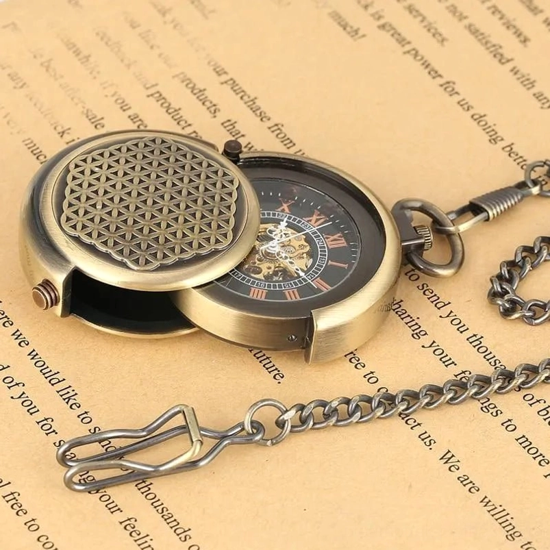 Open steampunk pocket watch showing exposed mechanical skeleton movement and detached metal chain with vintage aesthetic on textured background