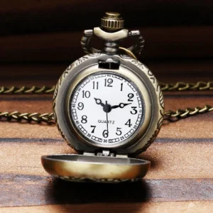 Opened quartz pocket watch mechanism with Arabic numeral dial and bronze metal case