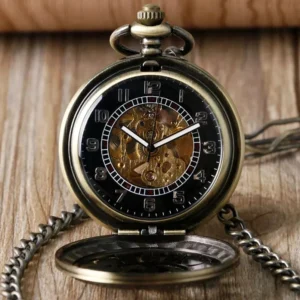 Open steampunk pocket watch displaying exposed mechanical gears, skeleton movement, and black dial with visible clockwork mechanism