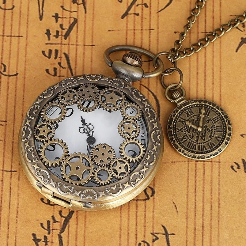 Open hollow steampunk pocket watch side view with bronze finish, exposed gear movement, attached mini pendant charm, flipable cover and metal chain