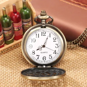 Opened vintage steampunk quartz pocket watch showing white dial with Arabic numerals, flat lay on burlap with wine props, mechanical movement visible