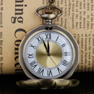 Flip-open steampunk pocket watch dial showing Roman numerals on brass-toned metal face with vintage newspaper setting