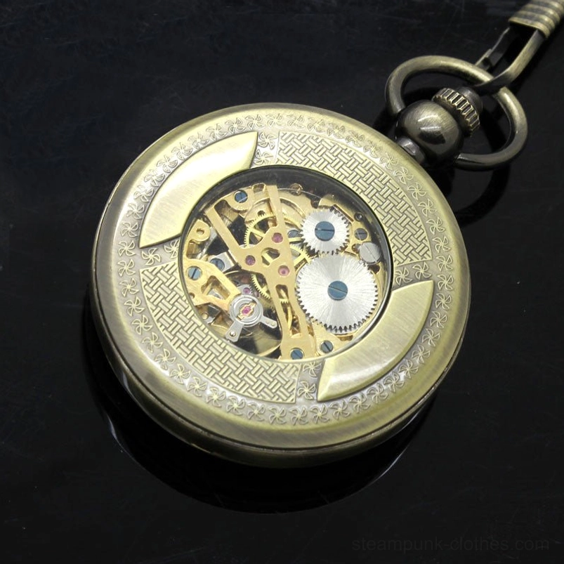 Skeleton-back steampunk pocket watch with textured bronze case, fully visible mechanical gears, and decorative details