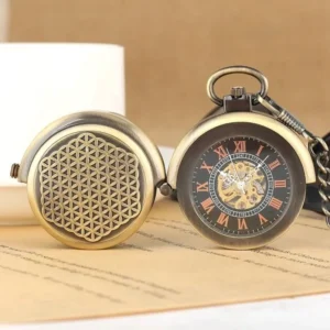 Steampunk mechanical pocket watch with flower of life engraved cover and skeleton movement display, featuring bronze finish and Roman numeral dial on vintage paper background