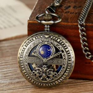 Sun and moon steampunk skeleton pocket watch with bronze engraved floral case, hollowed dial design revealing golden mechanical gears, displayed on vintage wooden desk with aged paper