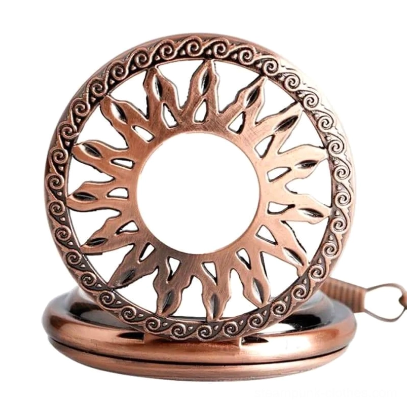 Steampunk pocket watch sunburst hollow cover with scroll carved border copper finish display