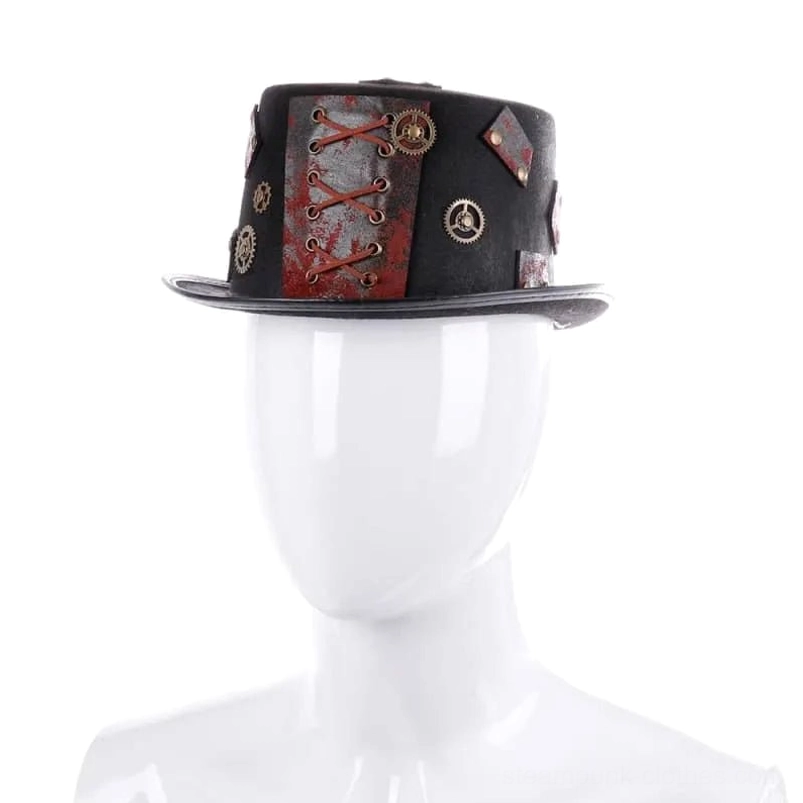 Close-up front view of steampunk top hat on mannequin with full decorative details, brass elements, and black felt fabric