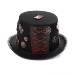 Steampunk top hat three-quarter front view featuring red lace-up panel, brass gear decorations, and black faux leather construction