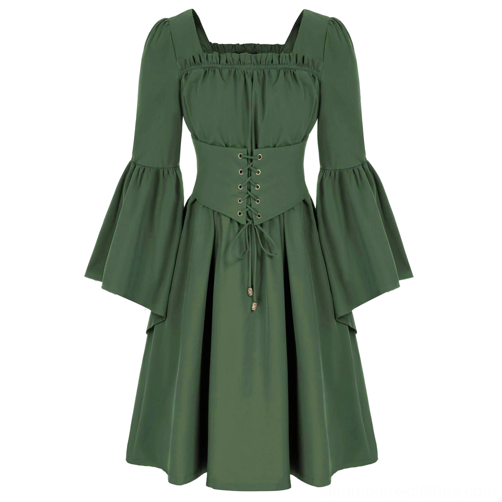 Flat lay product shot of dark green steampunk princess dress with corset detailing and bell sleeves on white background