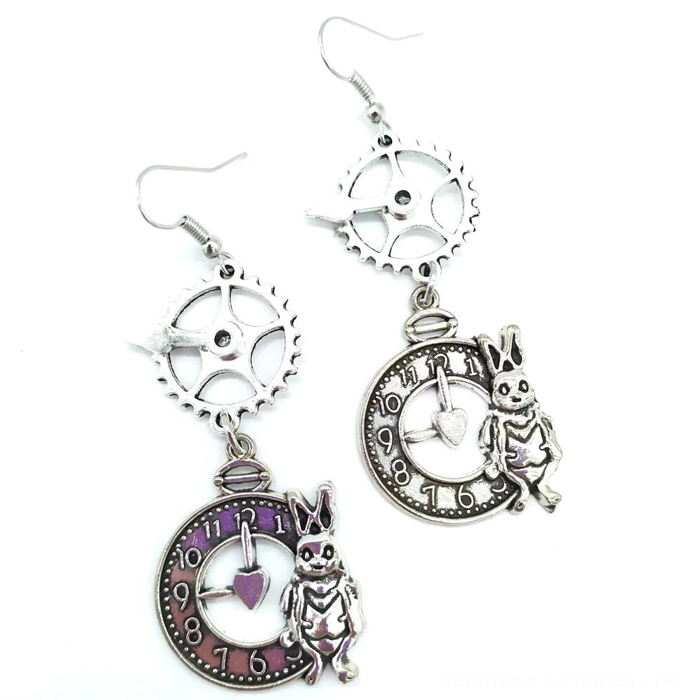 Silver and purple accent steampunk rabbit earrings featuring dual dial styles on white background
