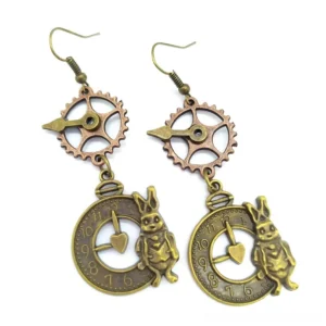 Steampunk rabbit earrings detail shot showing intricate clock dial mechanism and rabbit charm design