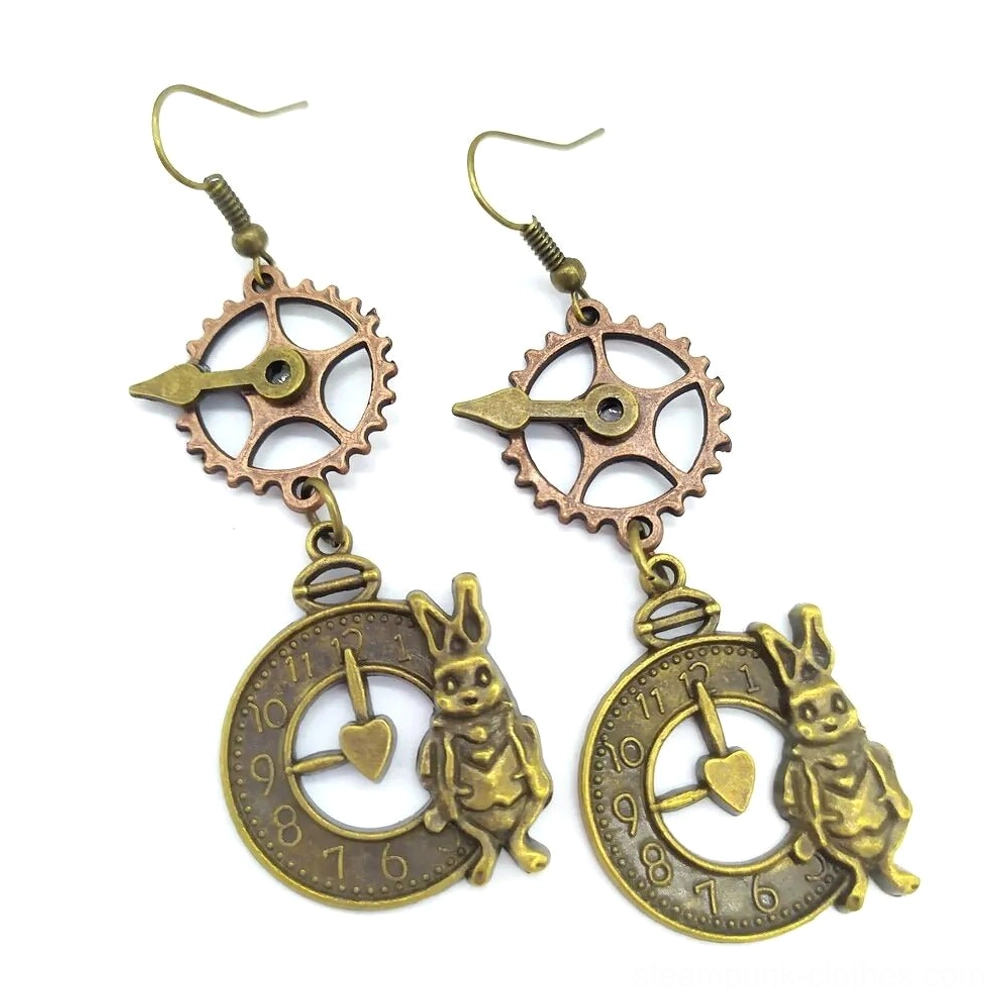 Steampunk rabbit earrings detail shot showing intricate clock dial mechanism and rabbit charm design