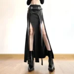 Black cutout steampunk rave maxi skirt front view with dual fabric leather belt and high side slits
