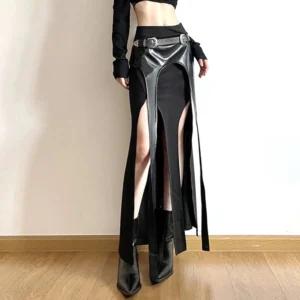 Black steampunk rave skirt three-quarter front angle with glossy leather overlay and buckle belt details