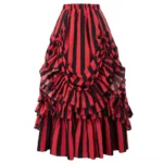 Victorian red and black striped steampunk maxi skirt with adjustable ruffled bustle, front view showcasing vertical stripes and layered ruffled hem with elastic waistband