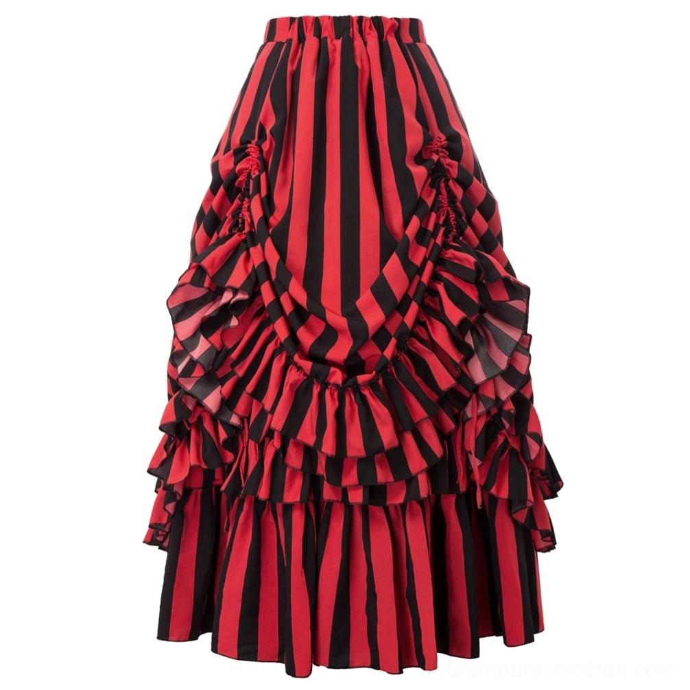 Victorian red and black striped steampunk maxi skirt with adjustable ruffled bustle, front view showcasing vertical stripes and layered ruffled hem with elastic waistband