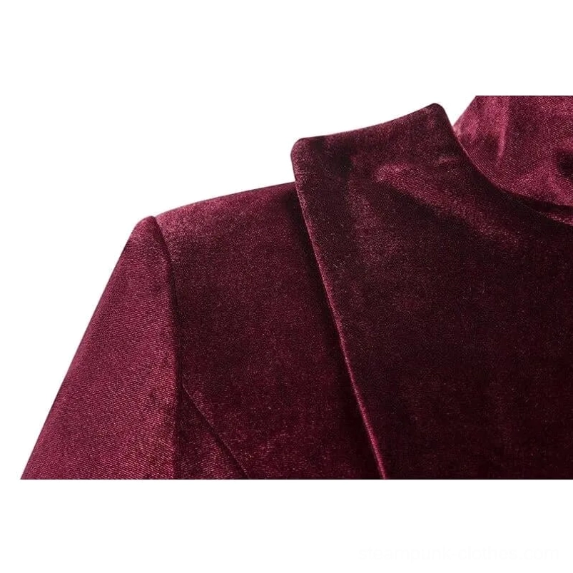 Close-up detail of steampunk coat collar and shoulder - wine red velvet texture with stand collar structure