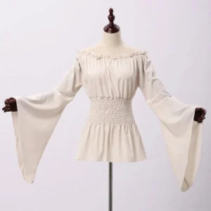 Beige steampunk Renaissance off-shoulder blouse with ruffled neckline and smocked waist panel, displayed on dress form mannequin