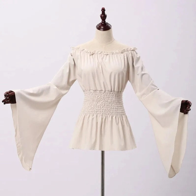 Beige steampunk Renaissance off-shoulder blouse with ruffled neckline and smocked waist panel, displayed on dress form mannequin