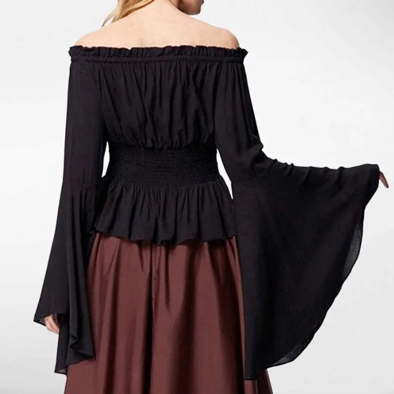 Black steampunk Renaissance off-shoulder blouse back view showing peplum hem and flared sleeves with smocked waist design