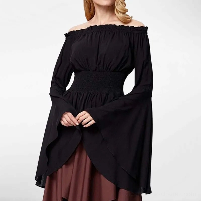 Black steampunk Renaissance off-shoulder blouse with smocked waist and flared sleeves, front view on model with brown skirt
