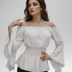 White steampunk Renaissance off-shoulder blouse with flared trumpet sleeves and smocked waist, front three-quarter view on fashion model