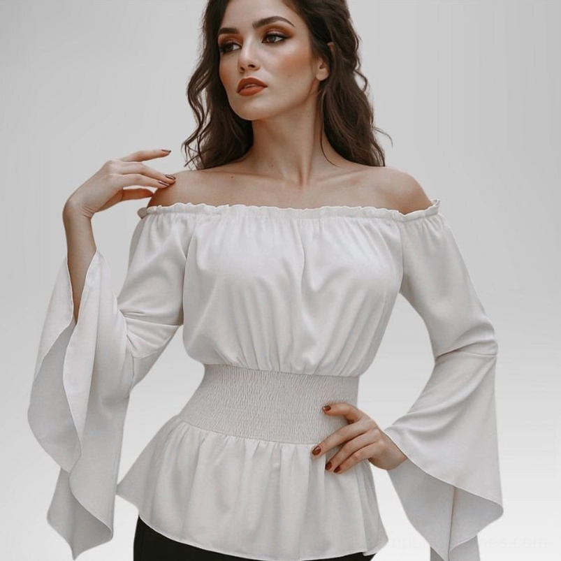White steampunk Renaissance off-shoulder blouse with flared trumpet sleeves and smocked waist, front three-quarter view on fashion model